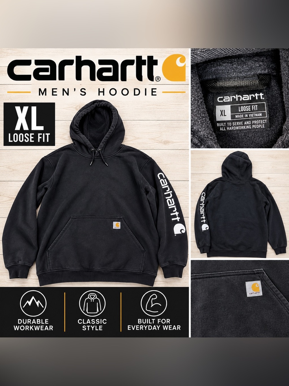 Carhartt Loose Fit Logo Sleeve Hoodie Men’s XL Black Workwear